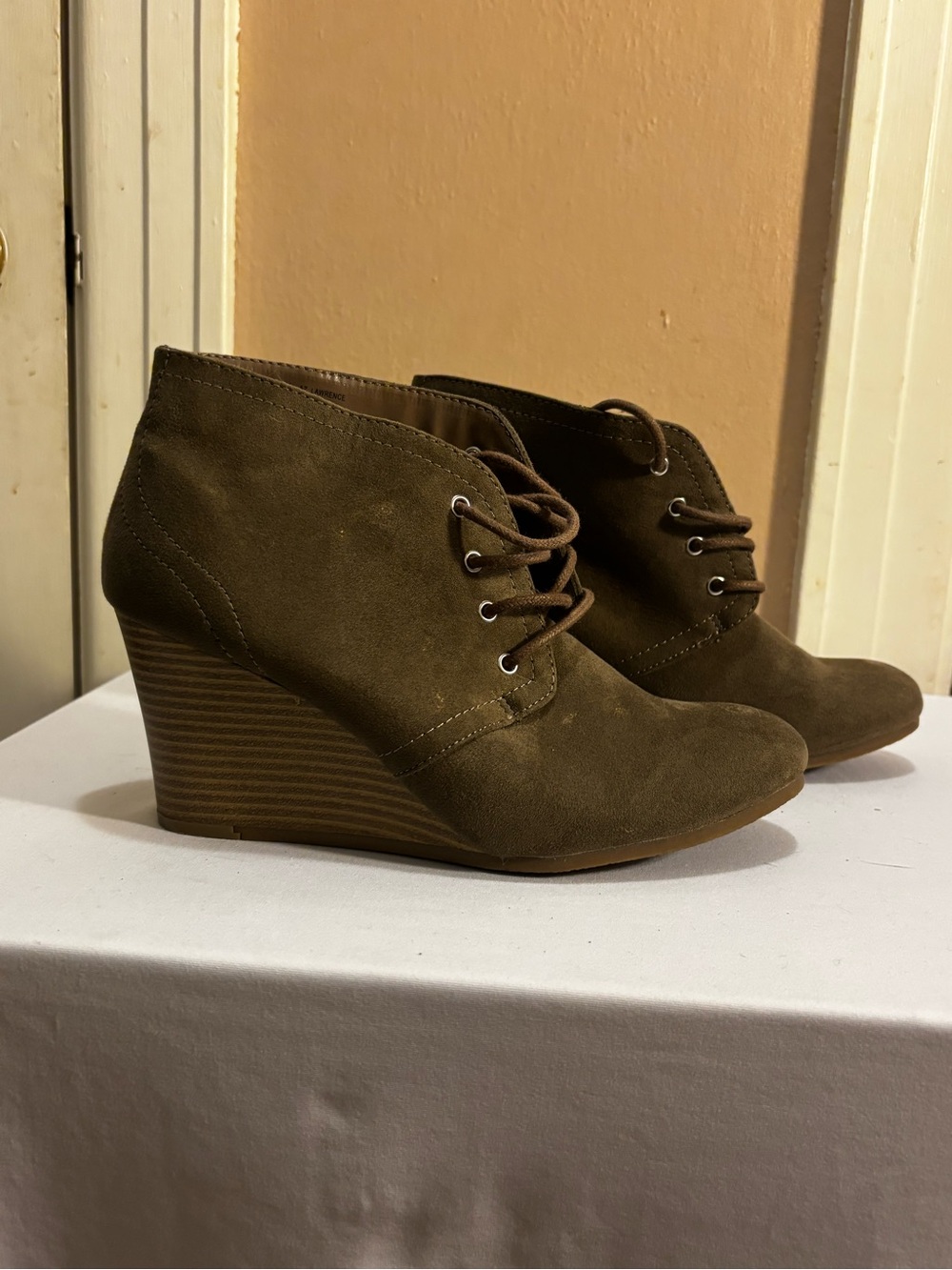 Arizona Jean Company Olive Suede Lace-Up Wedge Booties